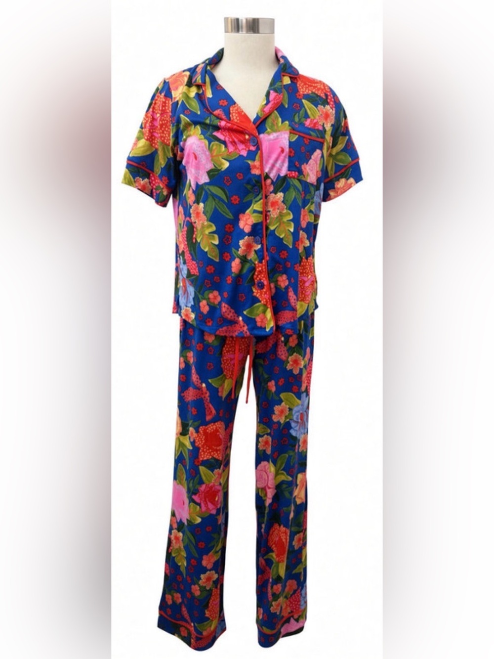 Blue Floral Wide-Leg Pajama Set with Drawstring Waist